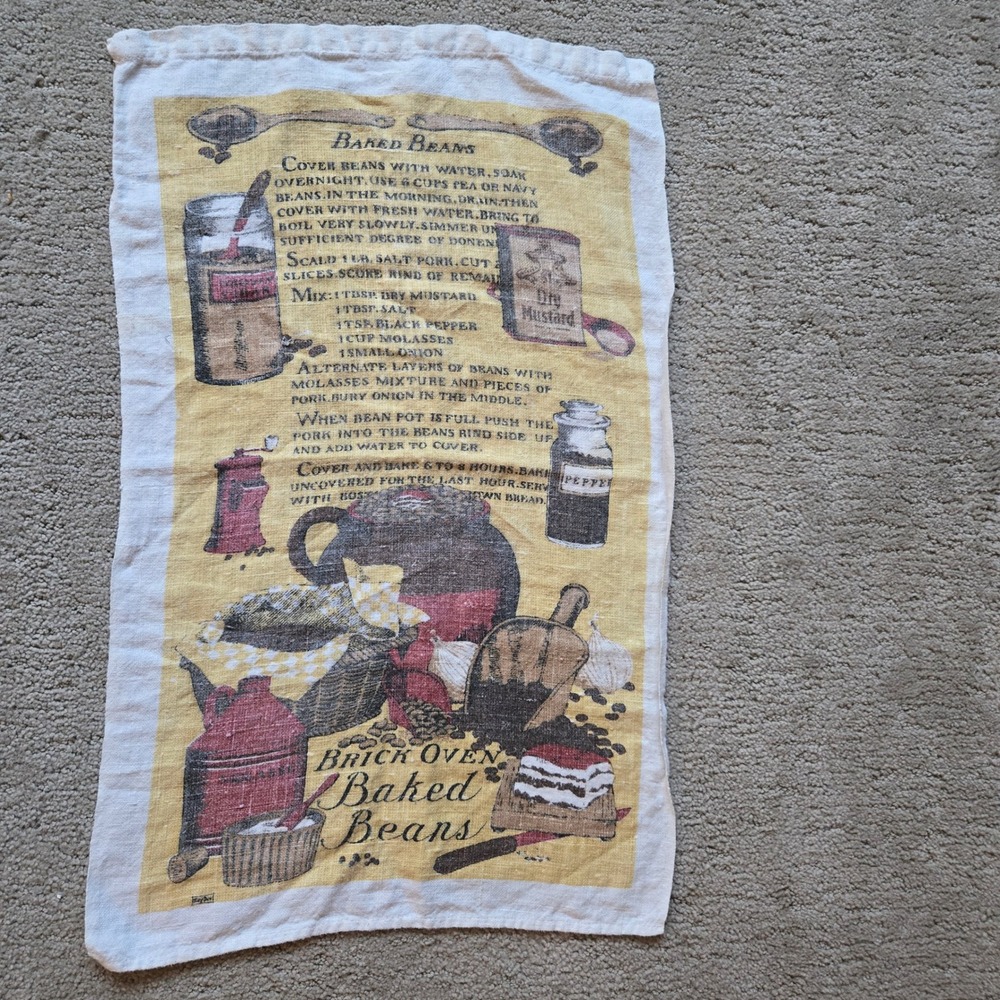 Vintage Brick Oven Baked Beans Recipe Linen Tea Towel Kitchen Decor 15x24